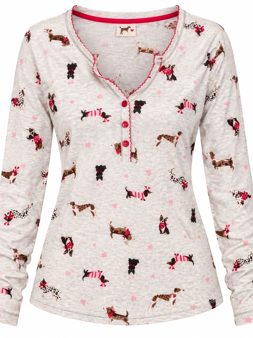 Laura Ashley Light Gray Henley Pajama Top with Dog & Pink Heart Print